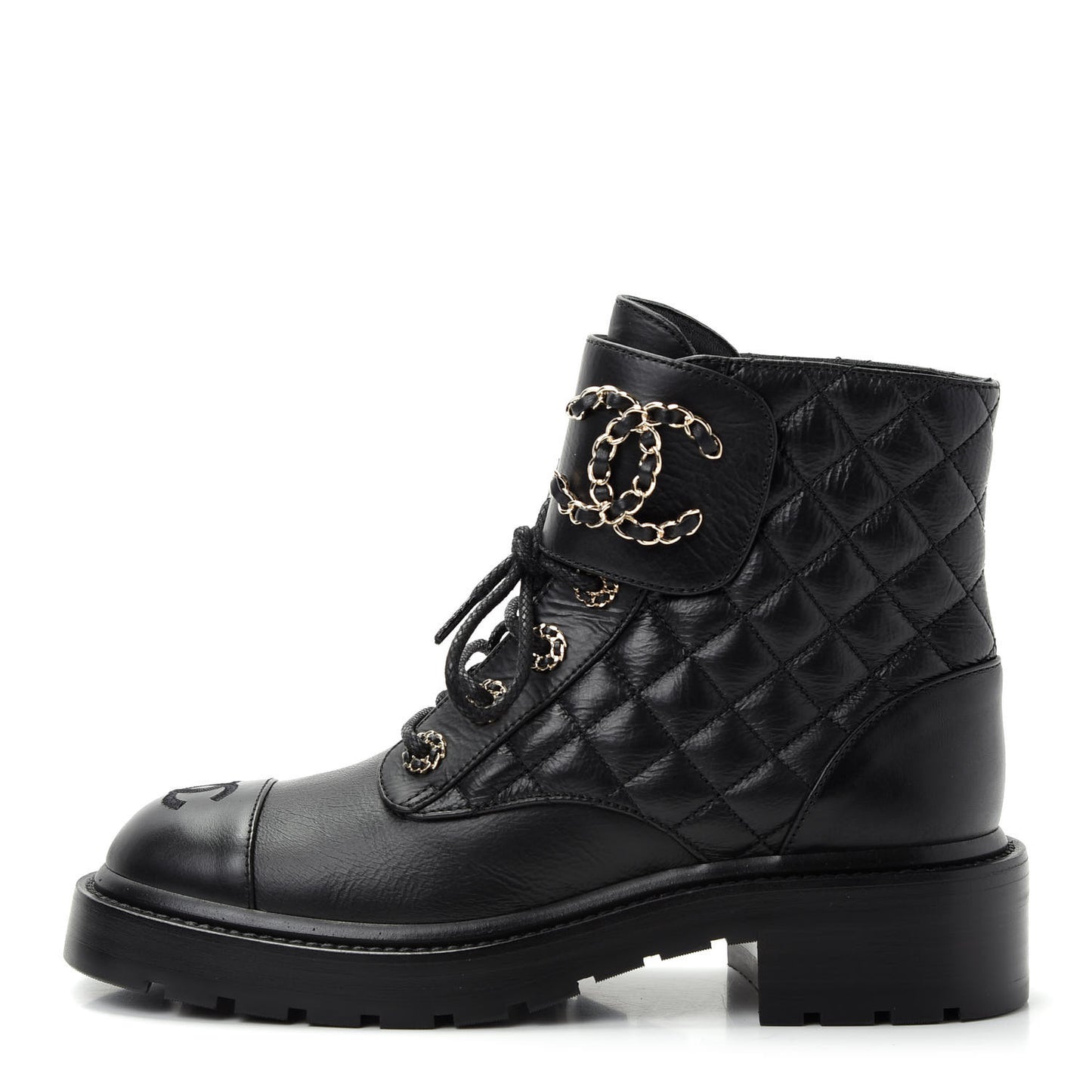 Shiny Goatskin Calfskin Quilted Lace Up Combat Boots 37 Black