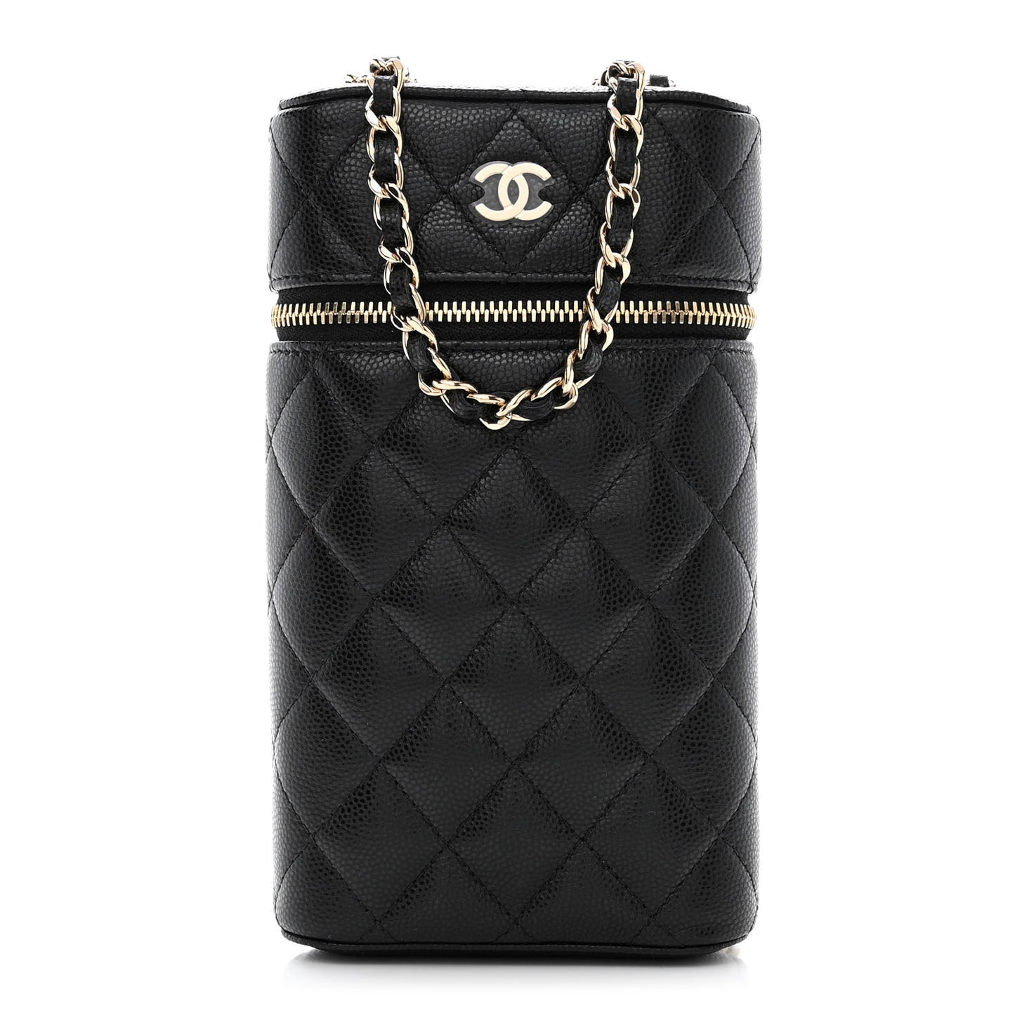 Caviar Quilted Phone Holder With Chain Black