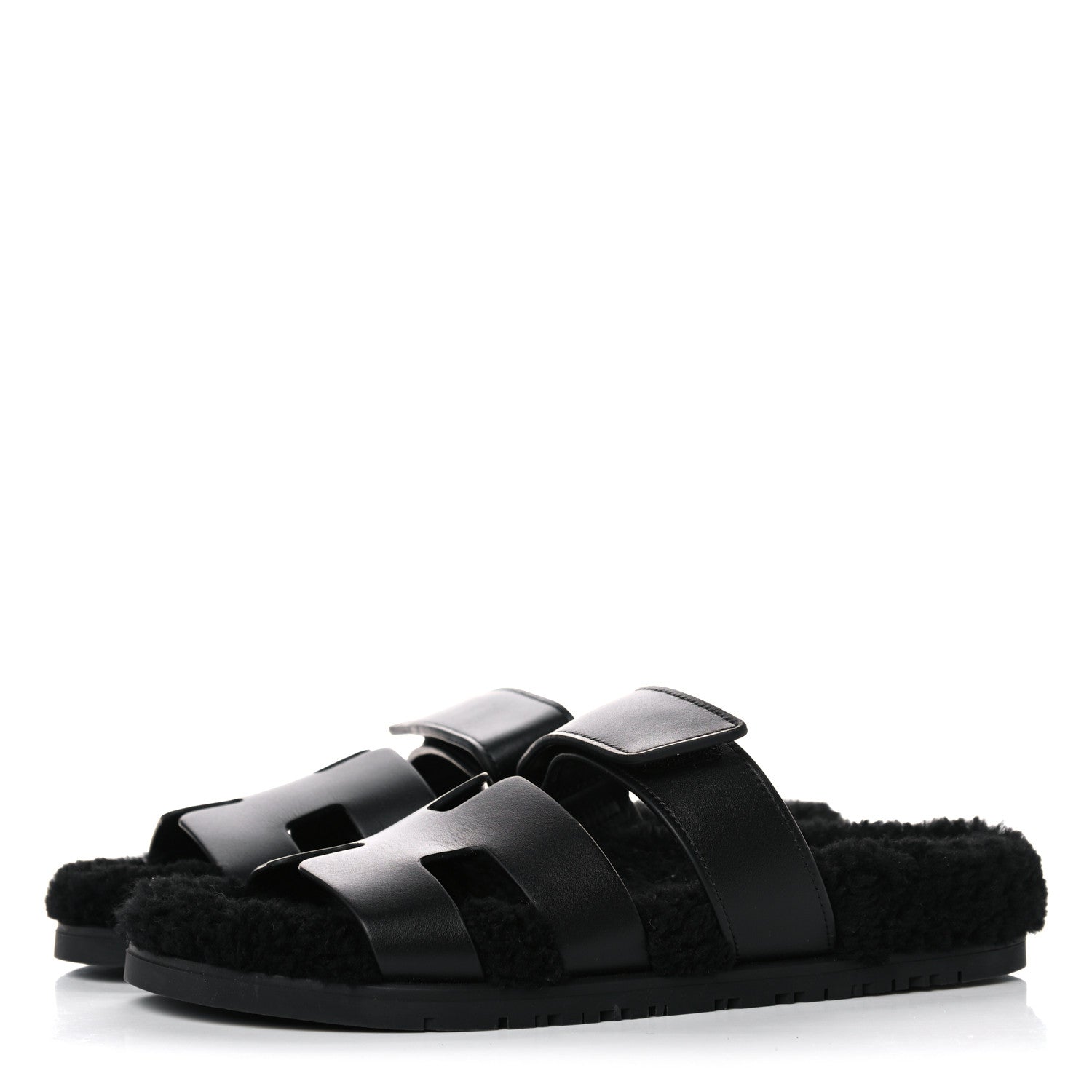 Hermes Calfskin Woolskin Womens Chypre Sandals 37 Black 3 of 11