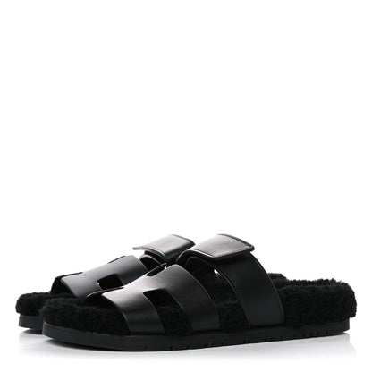 Hermes Calfskin Woolskin Womens Chypre Sandals 37 Black 3 of 11