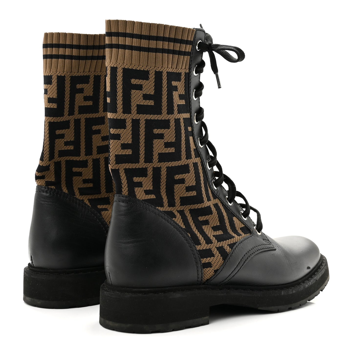 Calfskin Stretch Fabric FF Rockoko Biker Boots 40 Black Tobacco