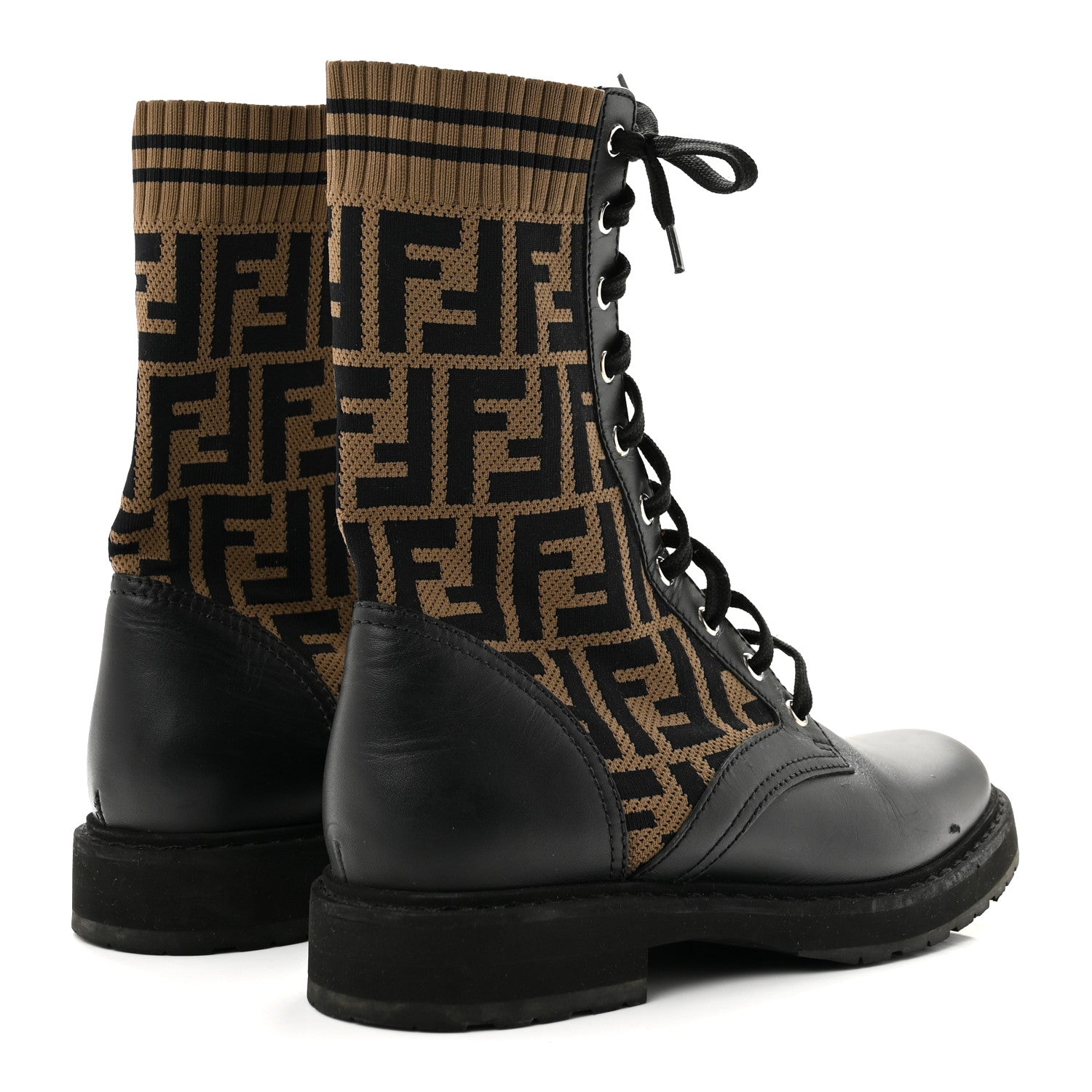Fendi Calfskin Stretch Fabric FF Rockoko Biker Boots 40 Black Tobacco 5 of 11
