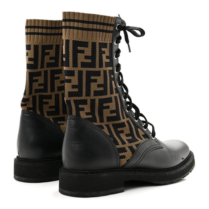 Fendi Calfskin Stretch Fabric FF Rockoko Biker Boots 40 Black Tobacco 5 of 11
