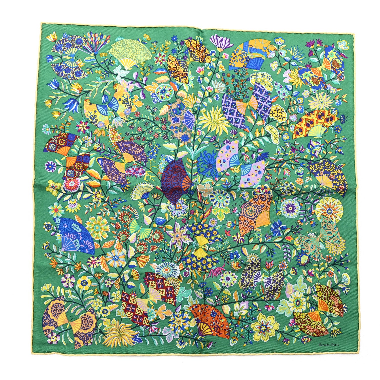 Hermes Silk Fleurs et Papillons de Tissus Pocket Square 45 Vert Violet Jaune 1 of 3