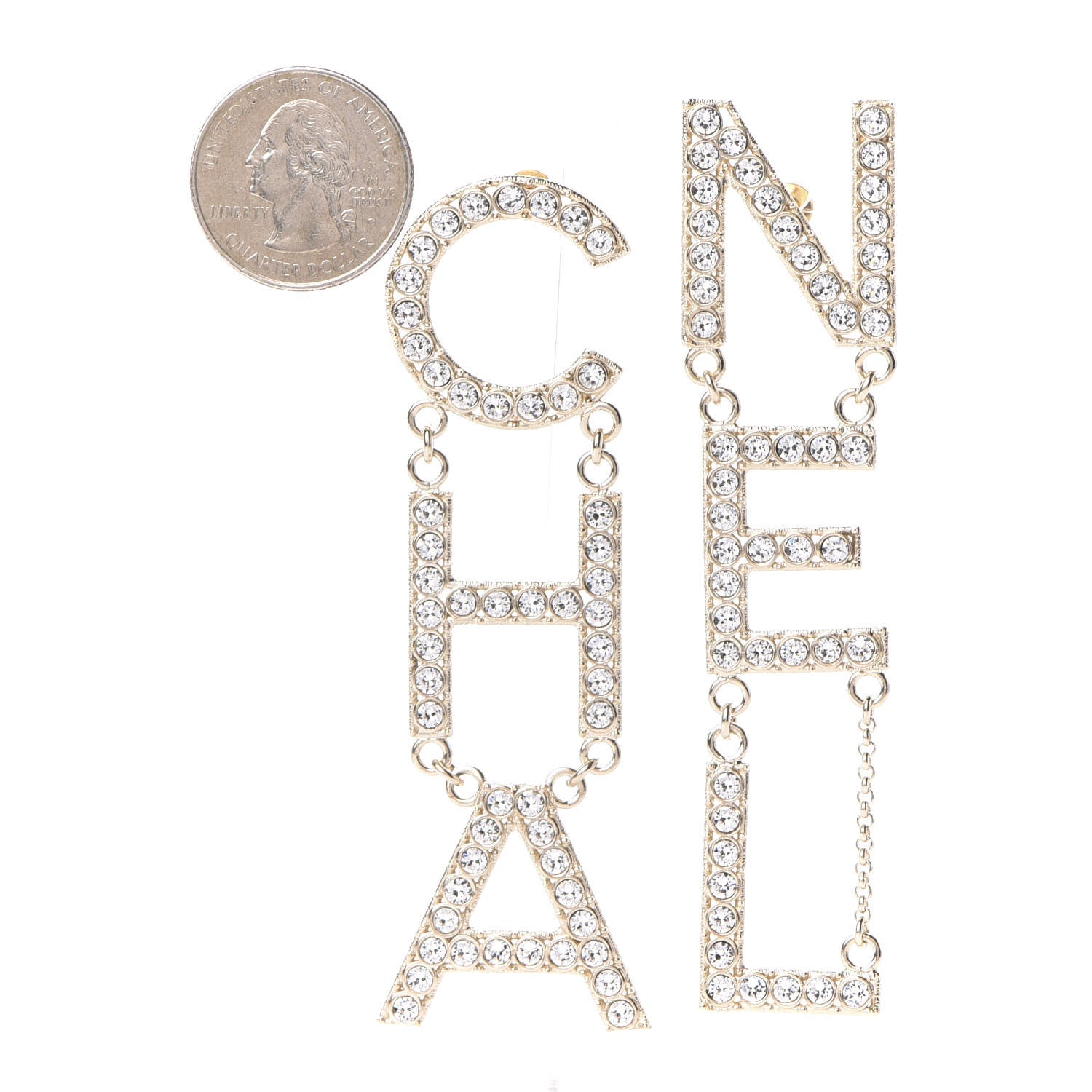 Chanel Crystal Cha-Nel Logo Drop Earrings Gold 2 of 5