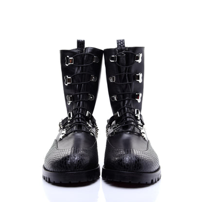 Christian Louboutin Calfskin Snake Print Horse Guarda Flat Boots 40.5 Black 2 of 12
