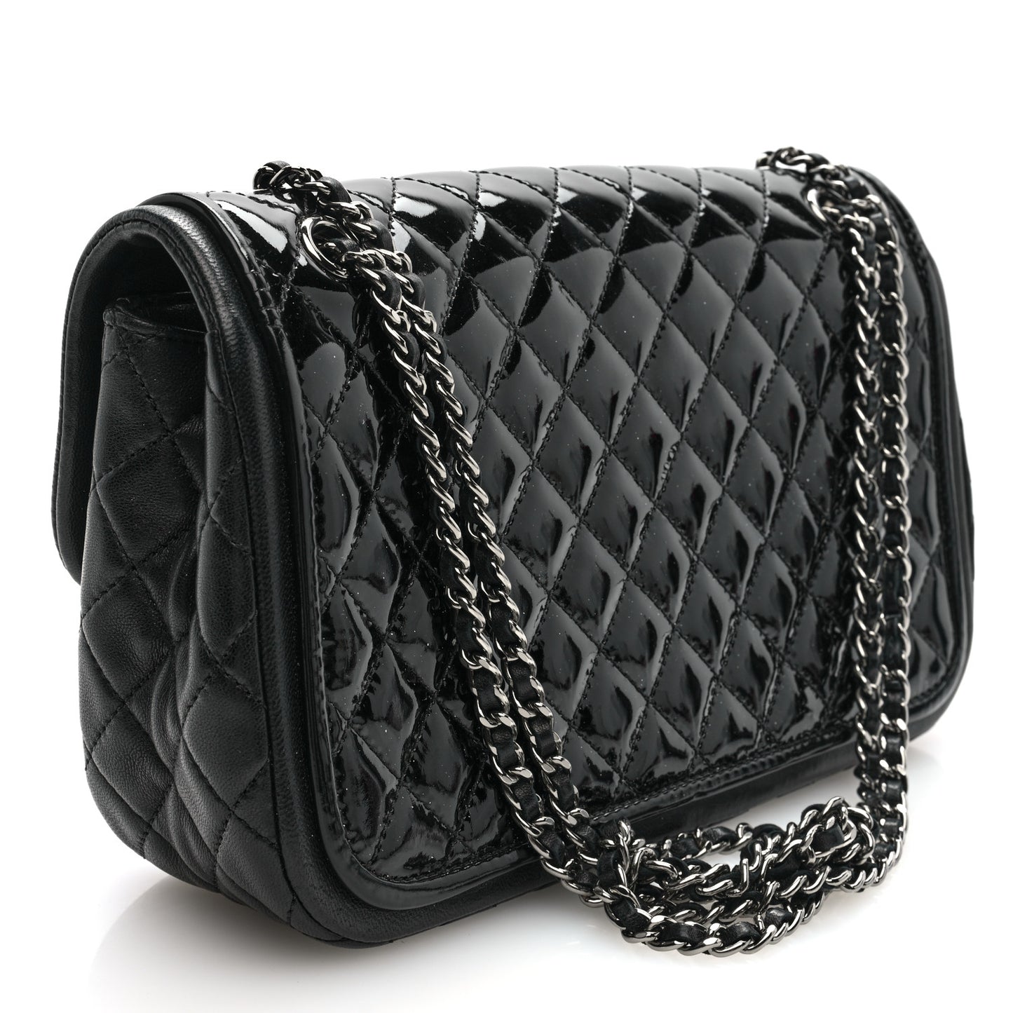Patent Quilted Classic Twist Flap Bag Black