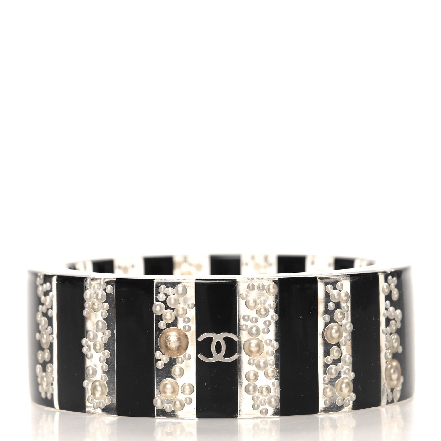 Chanel Resin Pearl Striped CC Cuff  Black White 3 of 4