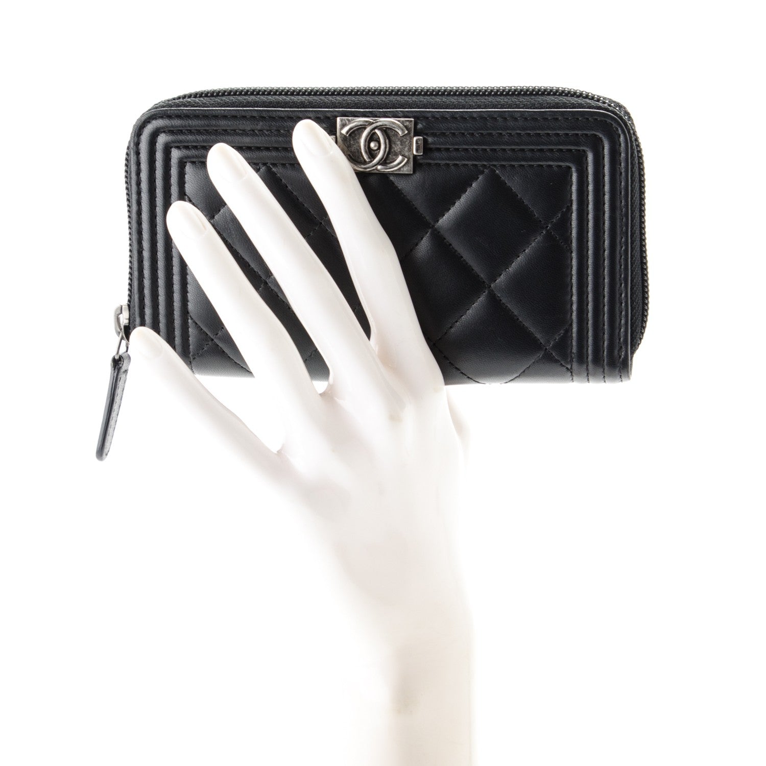 Chanel Lambskin Quilted Small Boy Zip Around Wallet Black 2 of 8