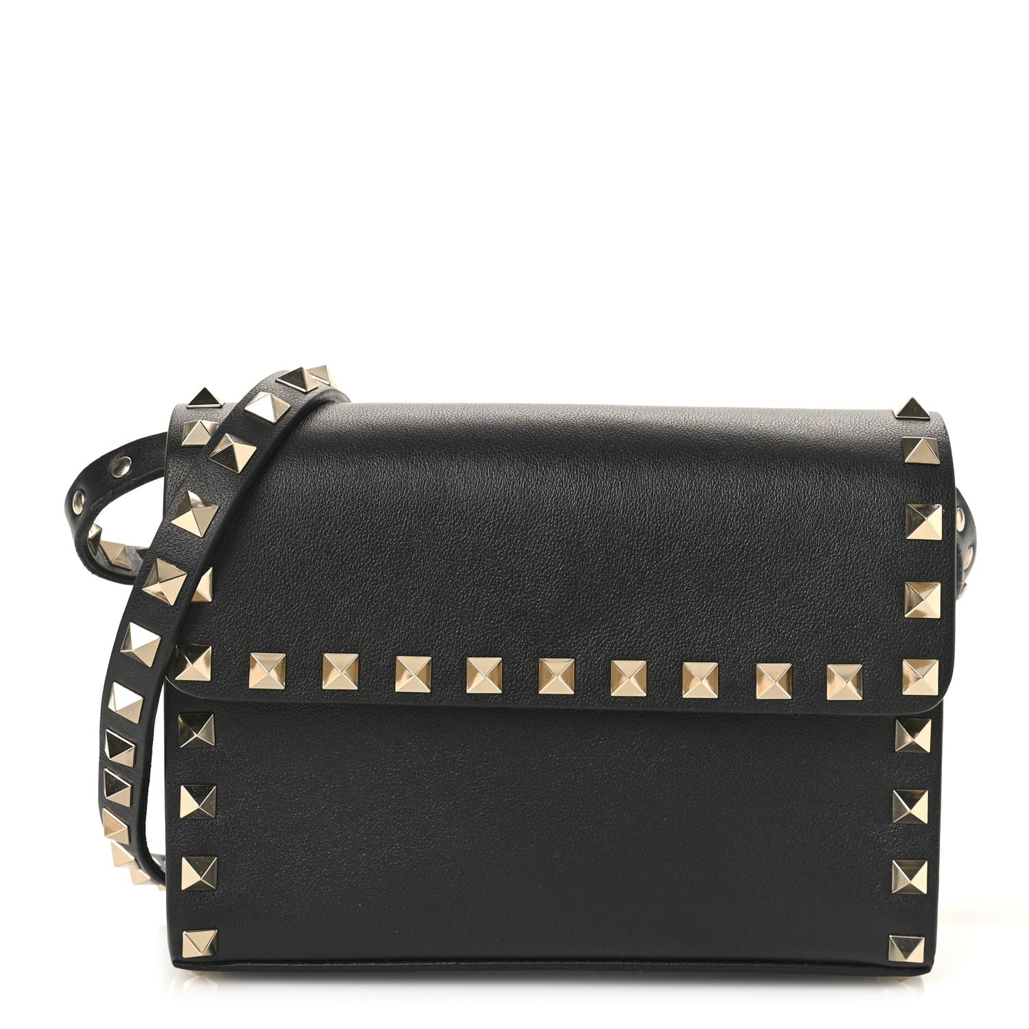 VALENTINO GARAVANI Vitello Mini Rockstud Flap Wallet on Strap Black