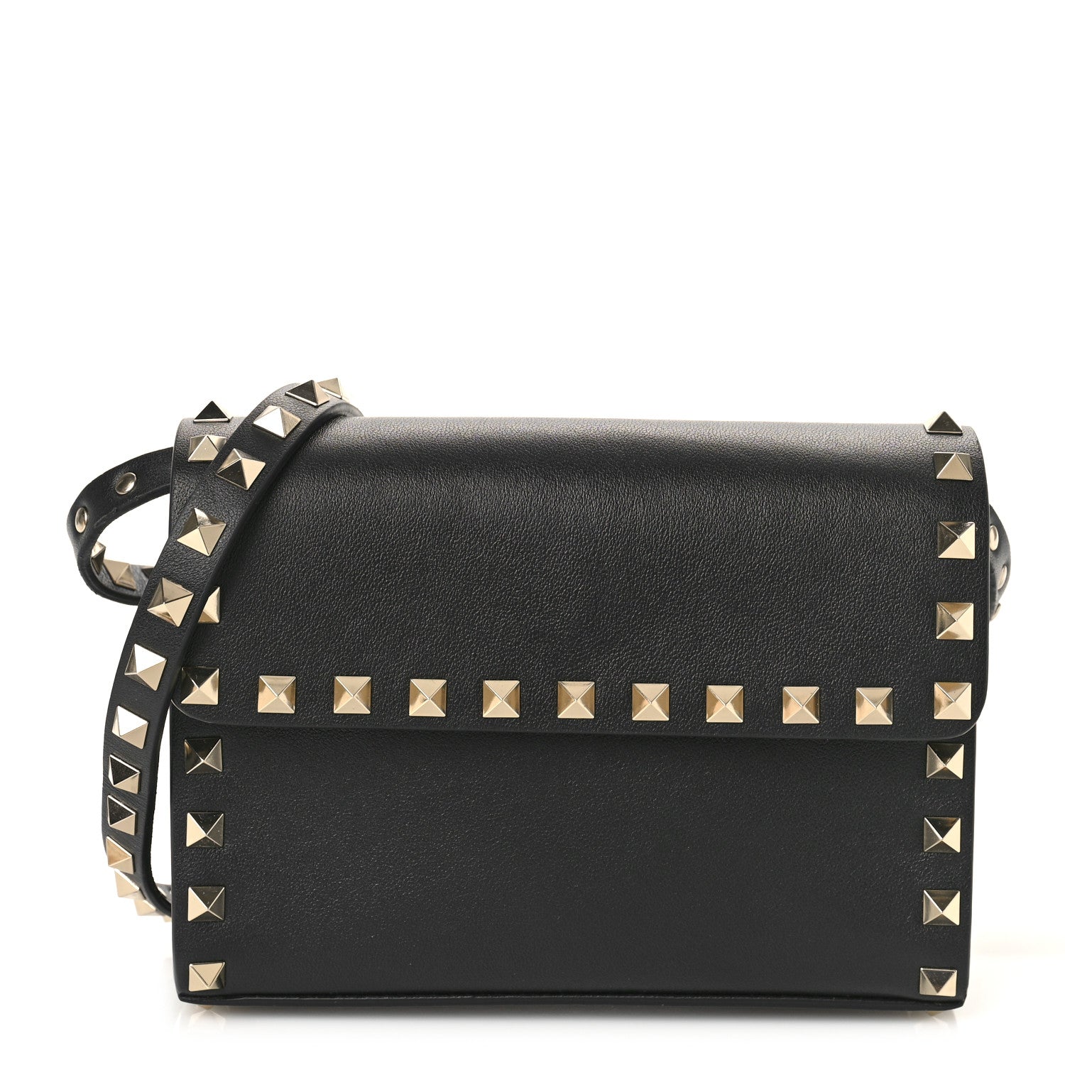 Valentino Garavani VALENTINO GARAVANI Vitello Mini Rockstud Flap Wallet on Strap Black 1 of 8