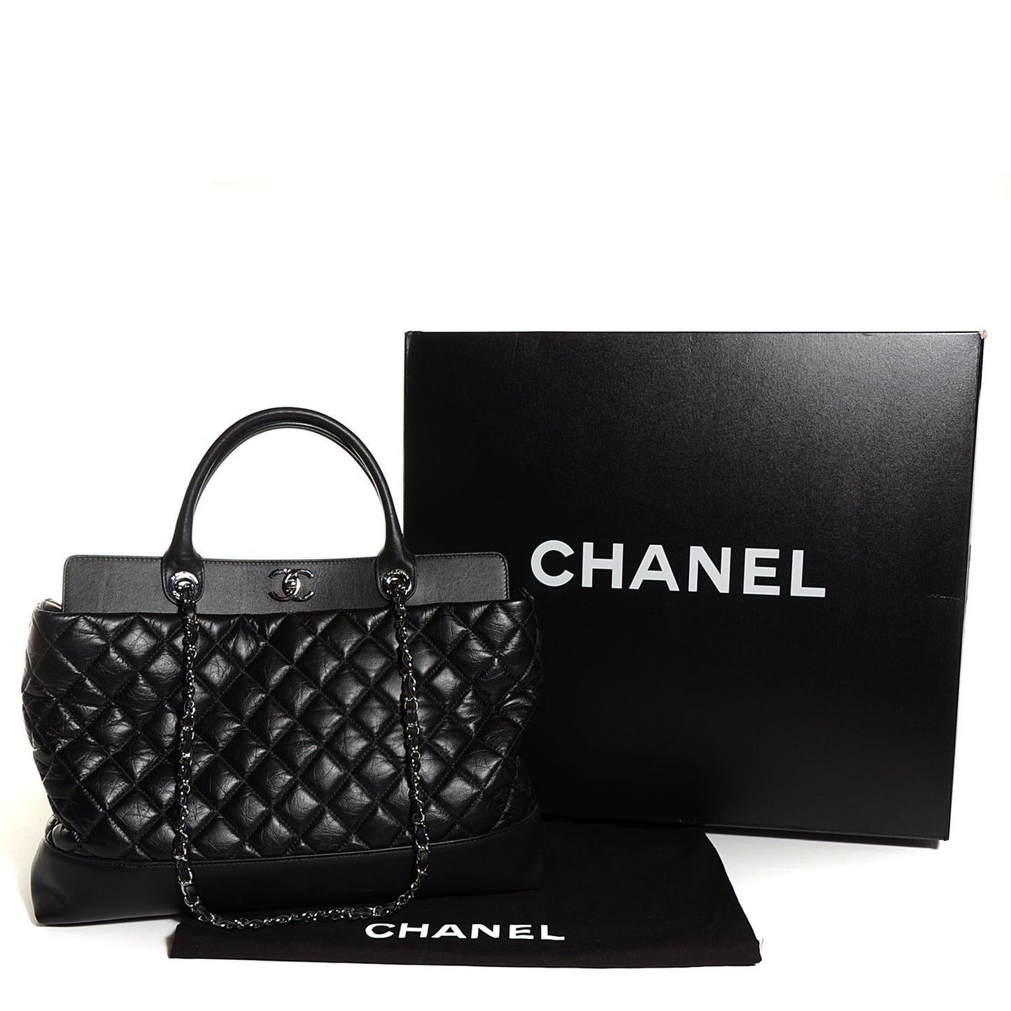 Aged Calfskin Quilted Be CC Tote Black