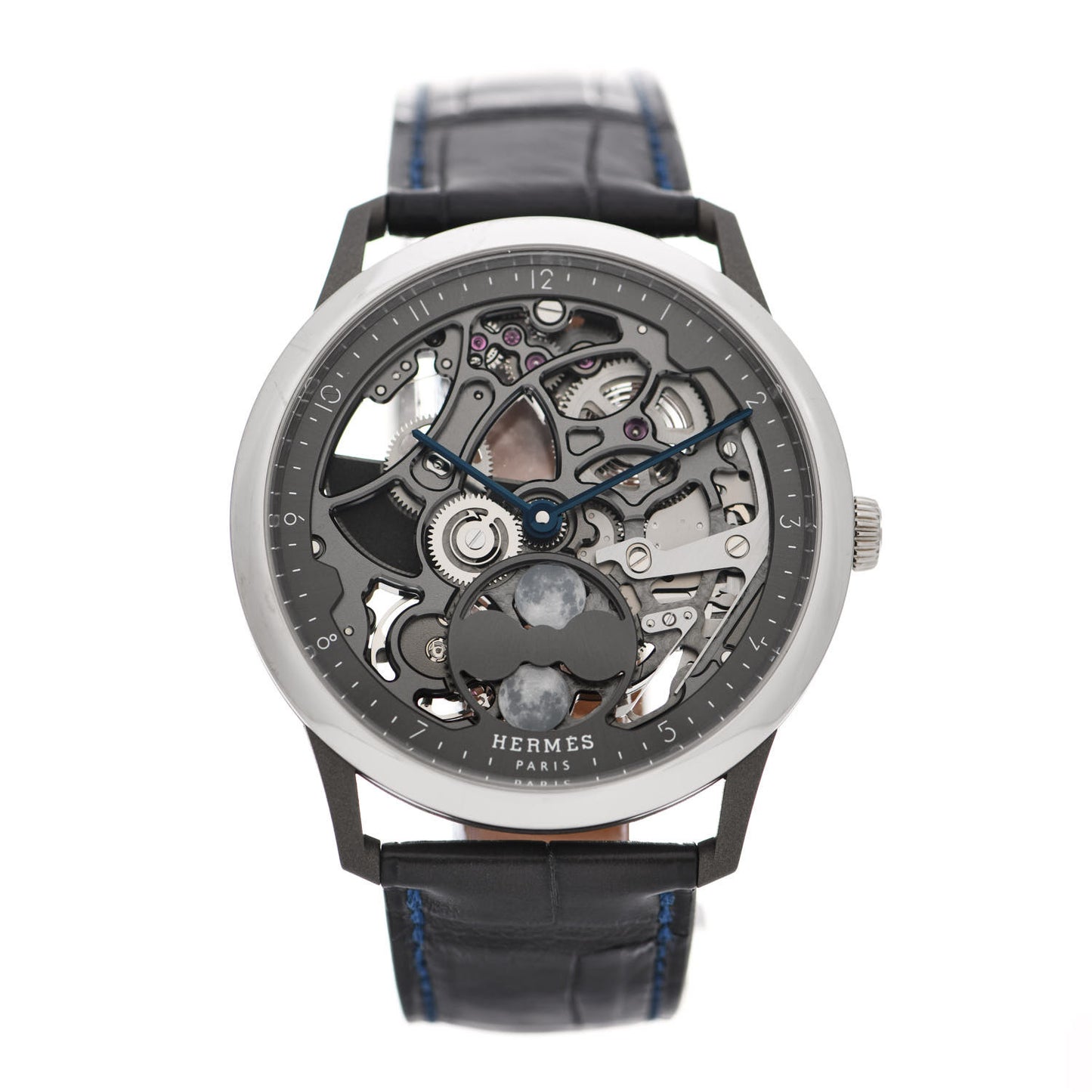 Platinum Titanium Alligator 39.5mm Slim d'Hermes Squelette Lune Automatic Watch Graphite