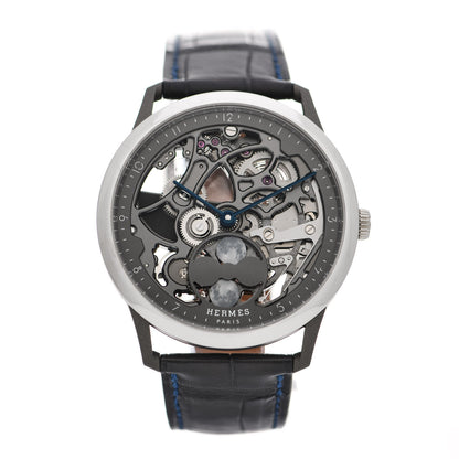 Hermes Platinum Titanium Alligator 39.5mm Slim d'Hermes Squelette Lune Automatic Watch Graphite 1 of 5