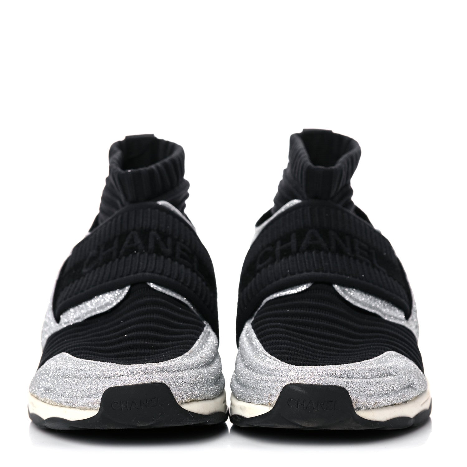 Chanel Glitter Stretch Fabric CC Sneakers 36.5 Black Silver 2 of 16