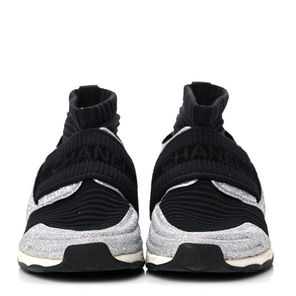 Chanel Glitter Stretch Fabric CC Sneakers 36.5 Black Silver 2 of 16