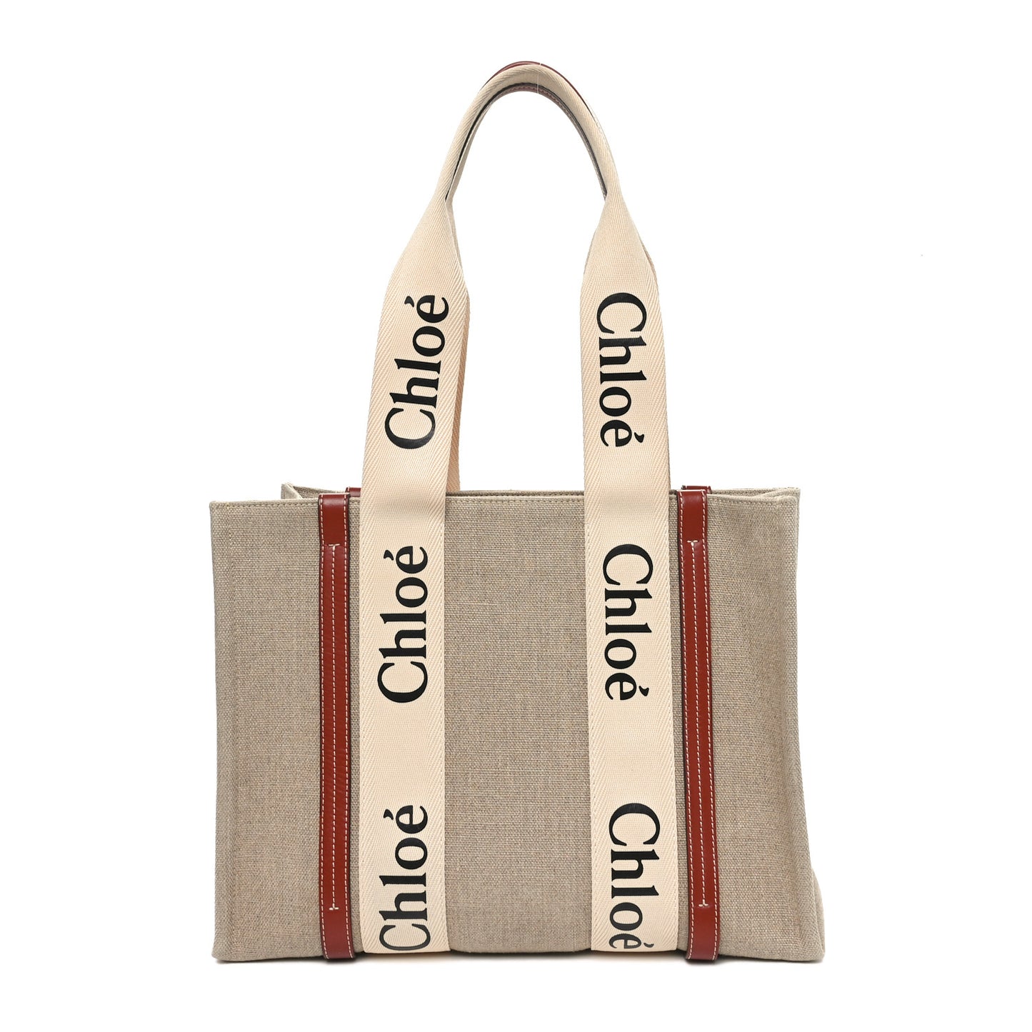 Linen Calfskin Medium Woody Ribbon Tote White Brown