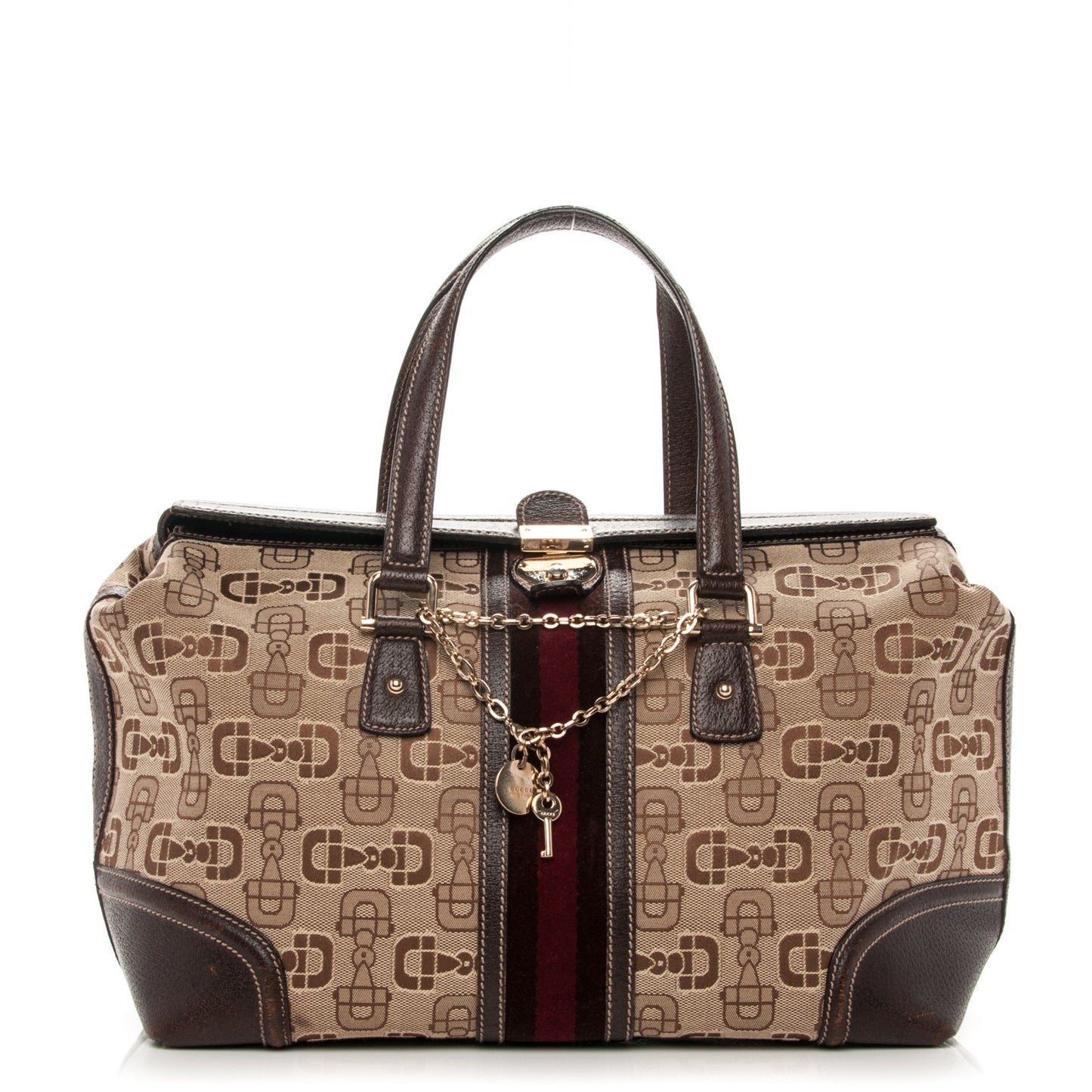 Horsebit Canvas Large Treasure Boston Tote Dark Brown