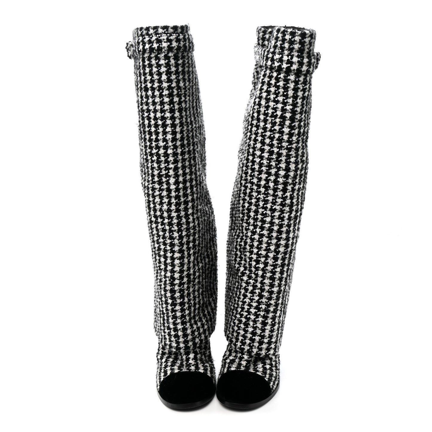 Tweed Sequin Velvet Cap Toe Fold Over High Boots 38.5 White Black