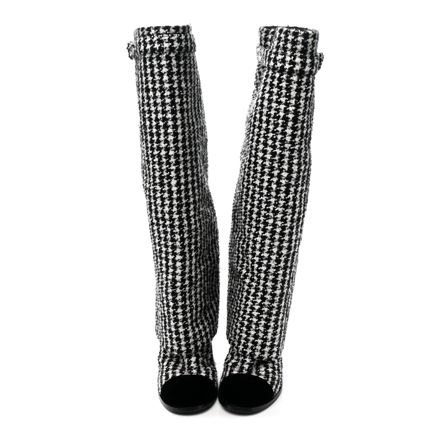 Chanel Tweed Sequin Velvet Cap Toe Fold Over High Boots 38.5 White Black 2 of 9