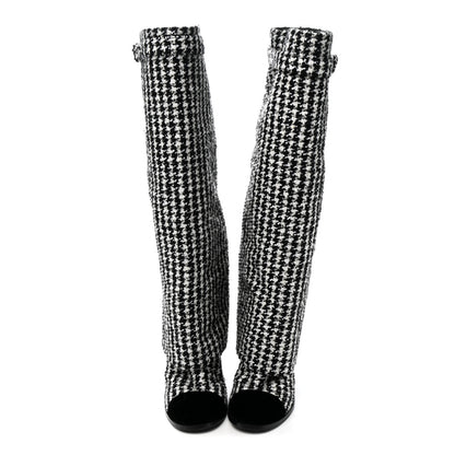 Chanel Tweed Sequin Velvet Cap Toe Fold Over High Boots 38.5 White Black 2 of 9