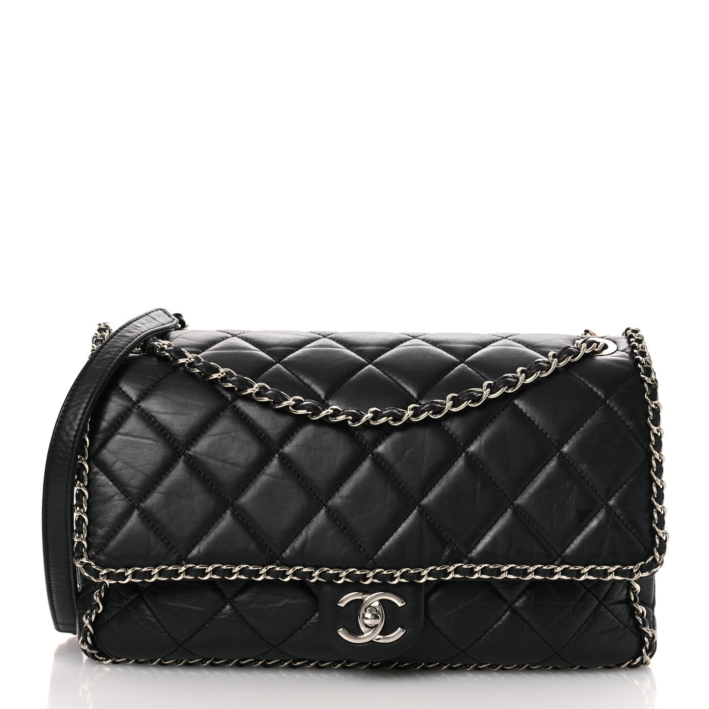 Crumpled Calfskin Quilted Large Chain Around Flap Black