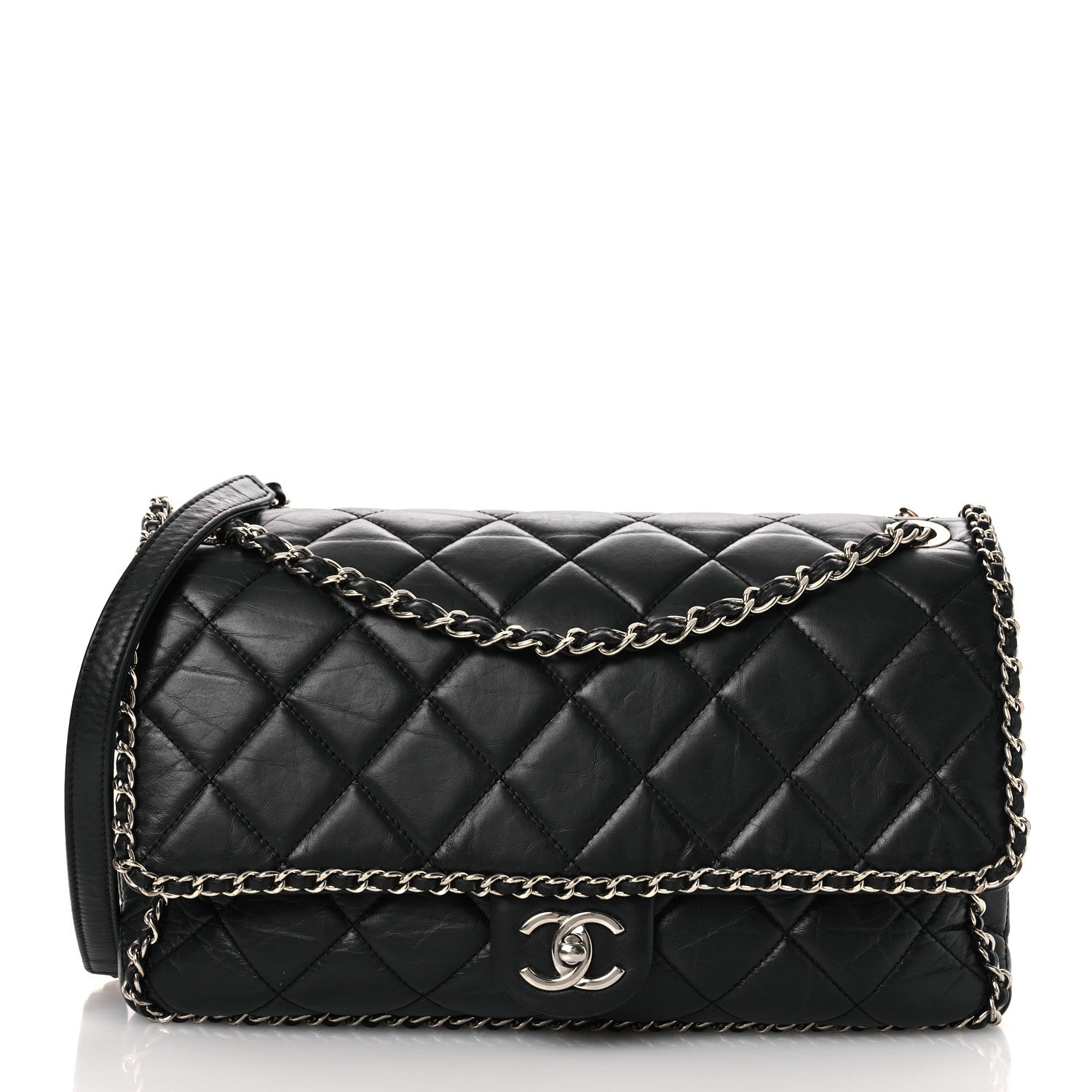 Chanel Crumpled Calfskin Quilted Large Chain Around Flap Black 1 of 15