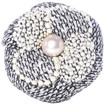 Chanel Tweed Pearl Camellia Brooch Black White Grey 1 of 6