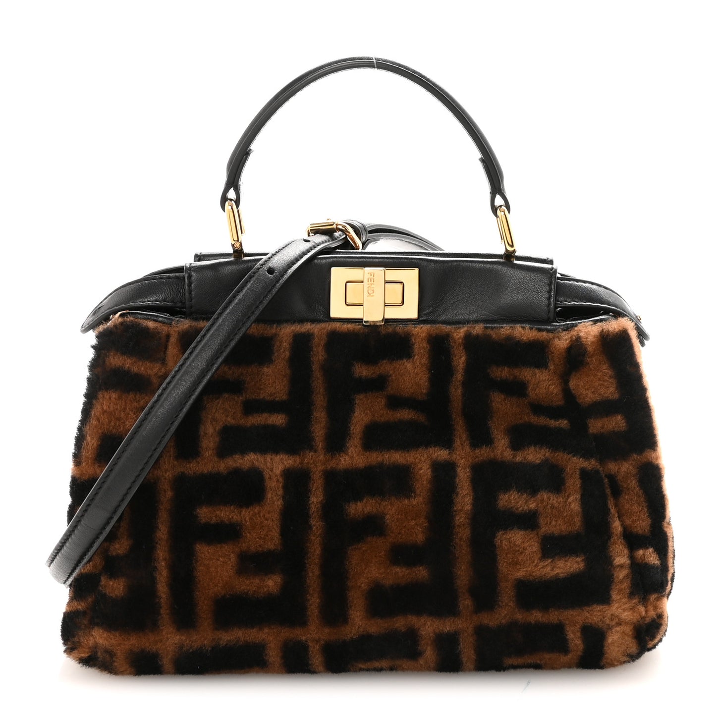 Shearling Nappa Macro FF 1974 Mini Peekaboo Iconic Satchel Tobacco Black