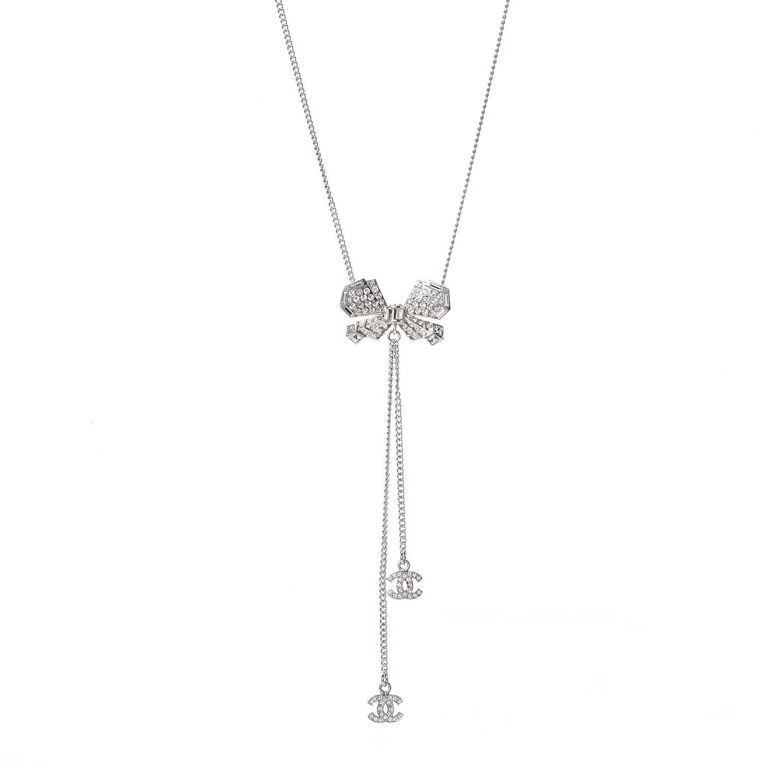 Chanel Crystal CC Bow Necklace Silver 1 of 5