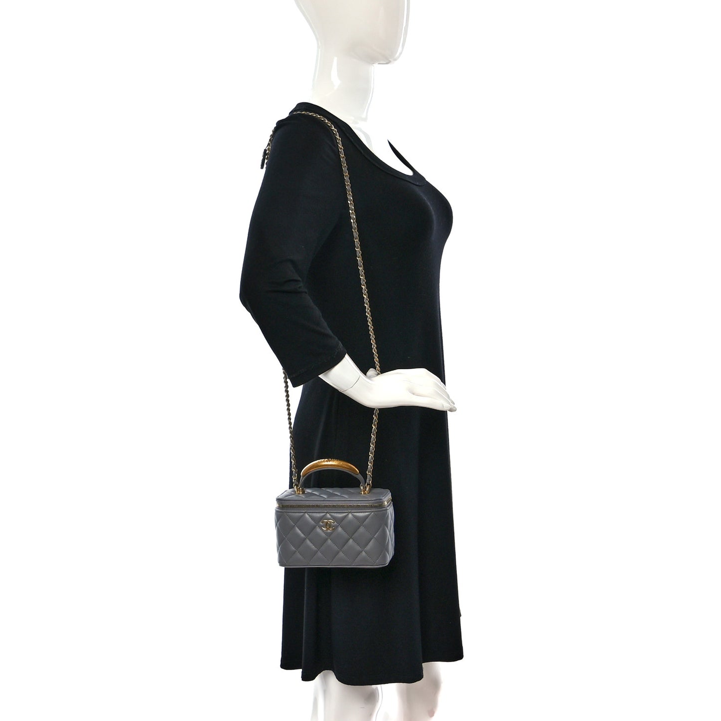 Lambskin Quilted Metal Small Top Handle Vanity Case With Chain Grey