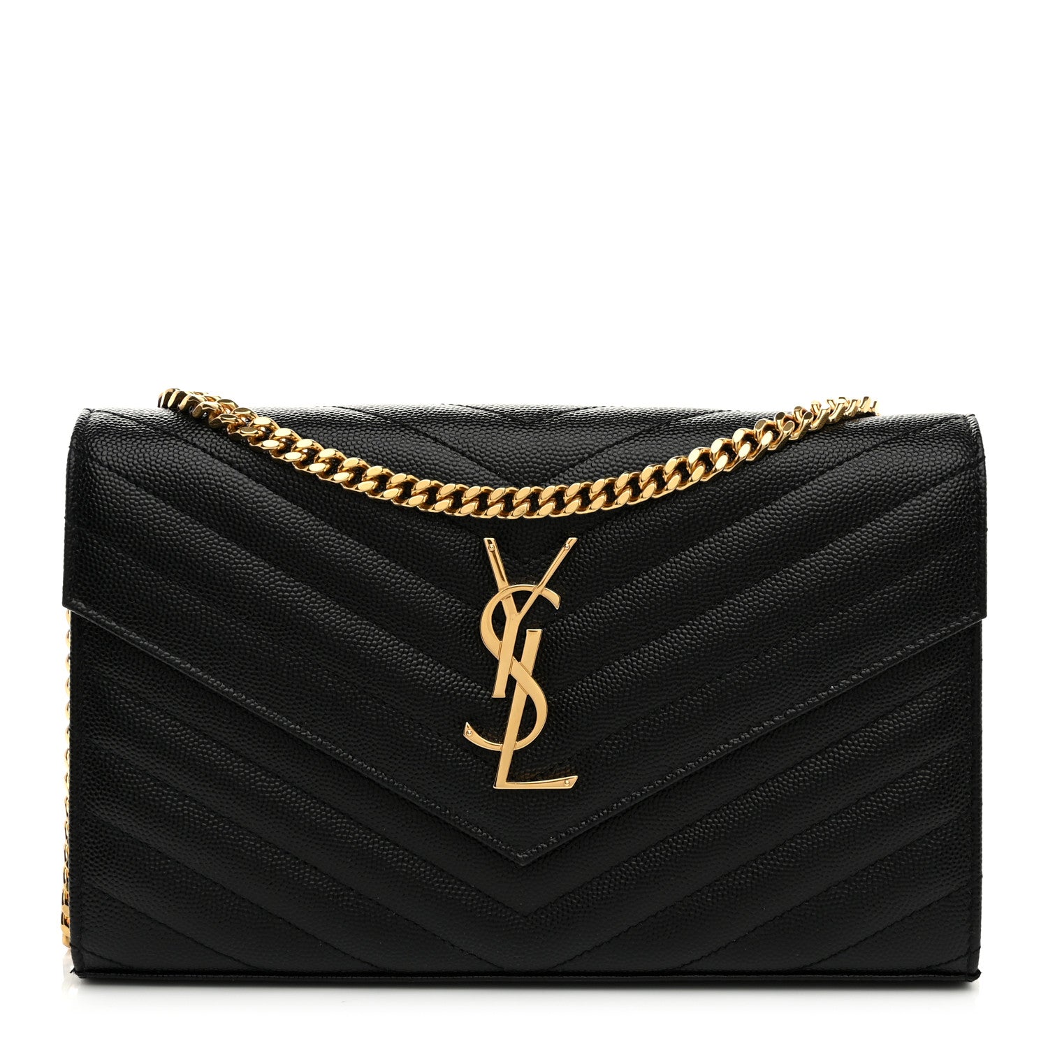Saint Laurent Grain De Poudre Matelasse Chevron Monogram Chain Wallet Black 1 of 9