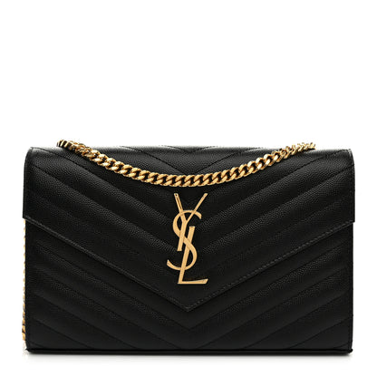 Saint Laurent Grain De Poudre Matelasse Chevron Monogram Chain Wallet Black 1 of 9
