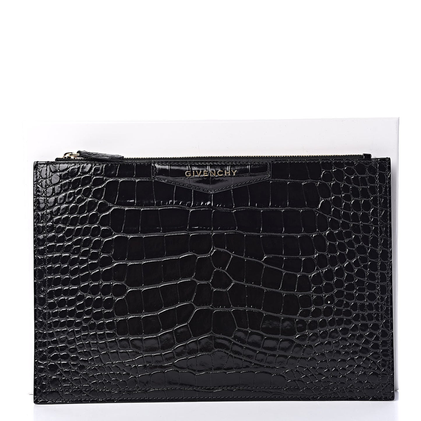 Calfskin Crocodile Embossed Medium Zip Pouch Black