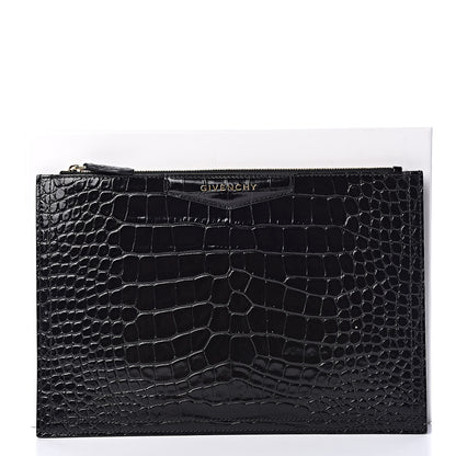 Givenchy Calfskin Crocodile Embossed Medium Zip Pouch Black 10 of 10