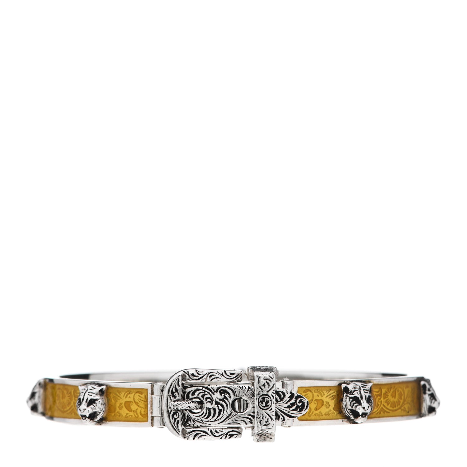 Gucci Sterling Silver Enamel Garden Feline Buckle Bracelet Yellow 1 of 7
