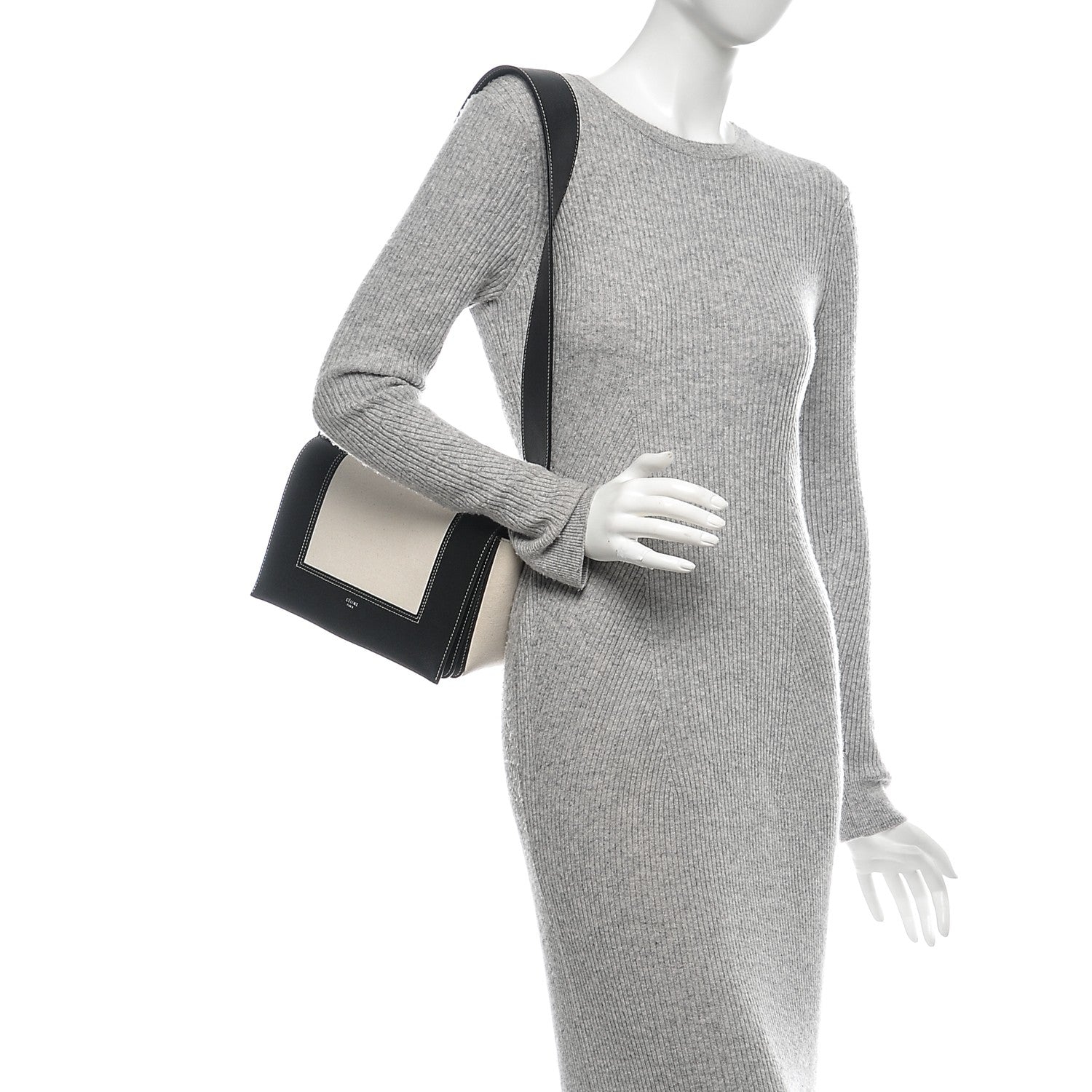 Celine Shiny Smooth Calfskin Cotton Medium Frame Shoulder Bag Black White 2 of 7