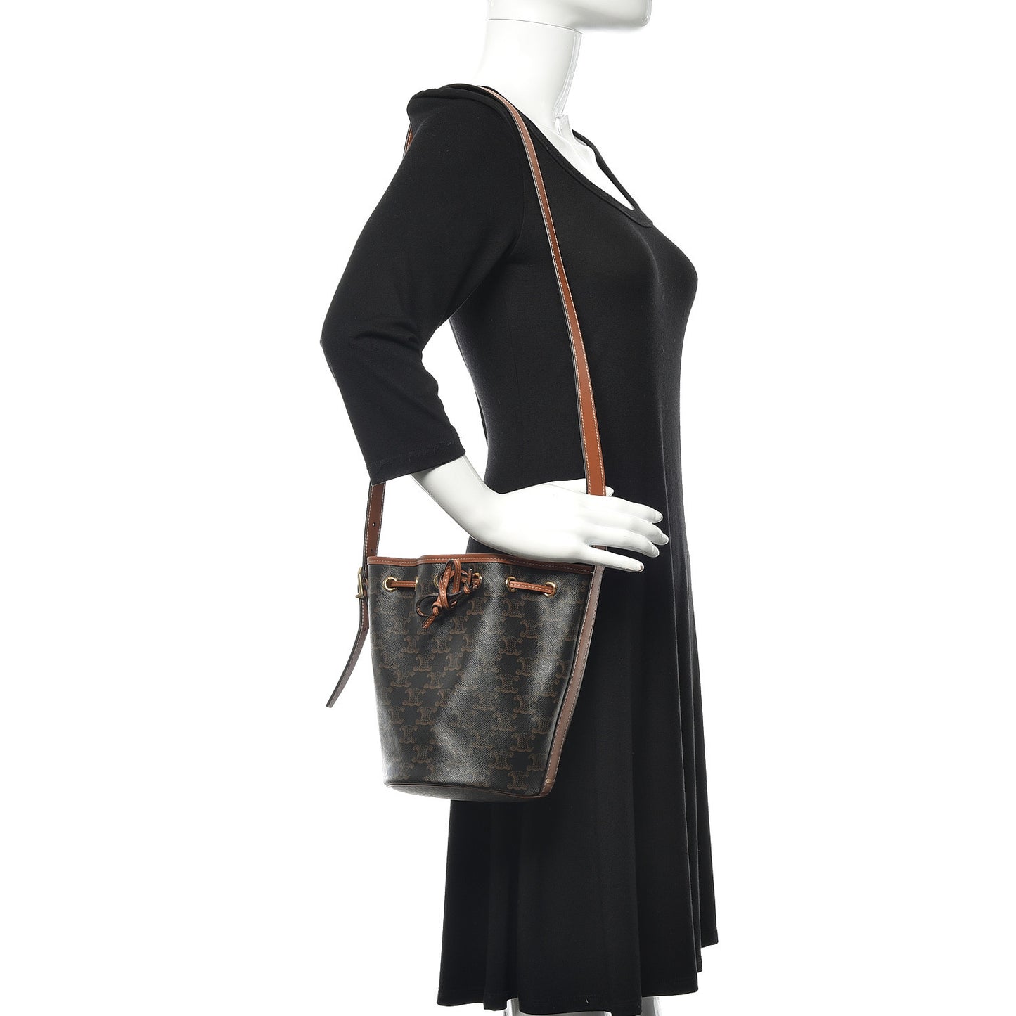 Triomphe Canvas Calfskin Small Drawstring Bucket Bag Tan
