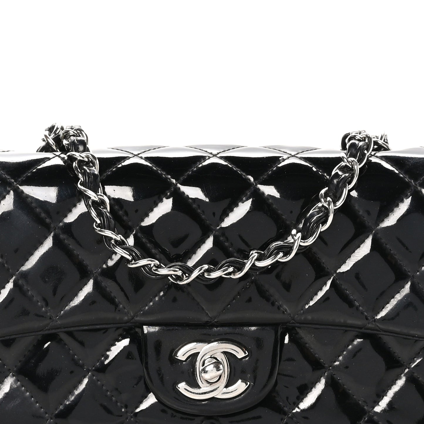 Patent Calfskin Quilted Mini Rectangular Flap Black