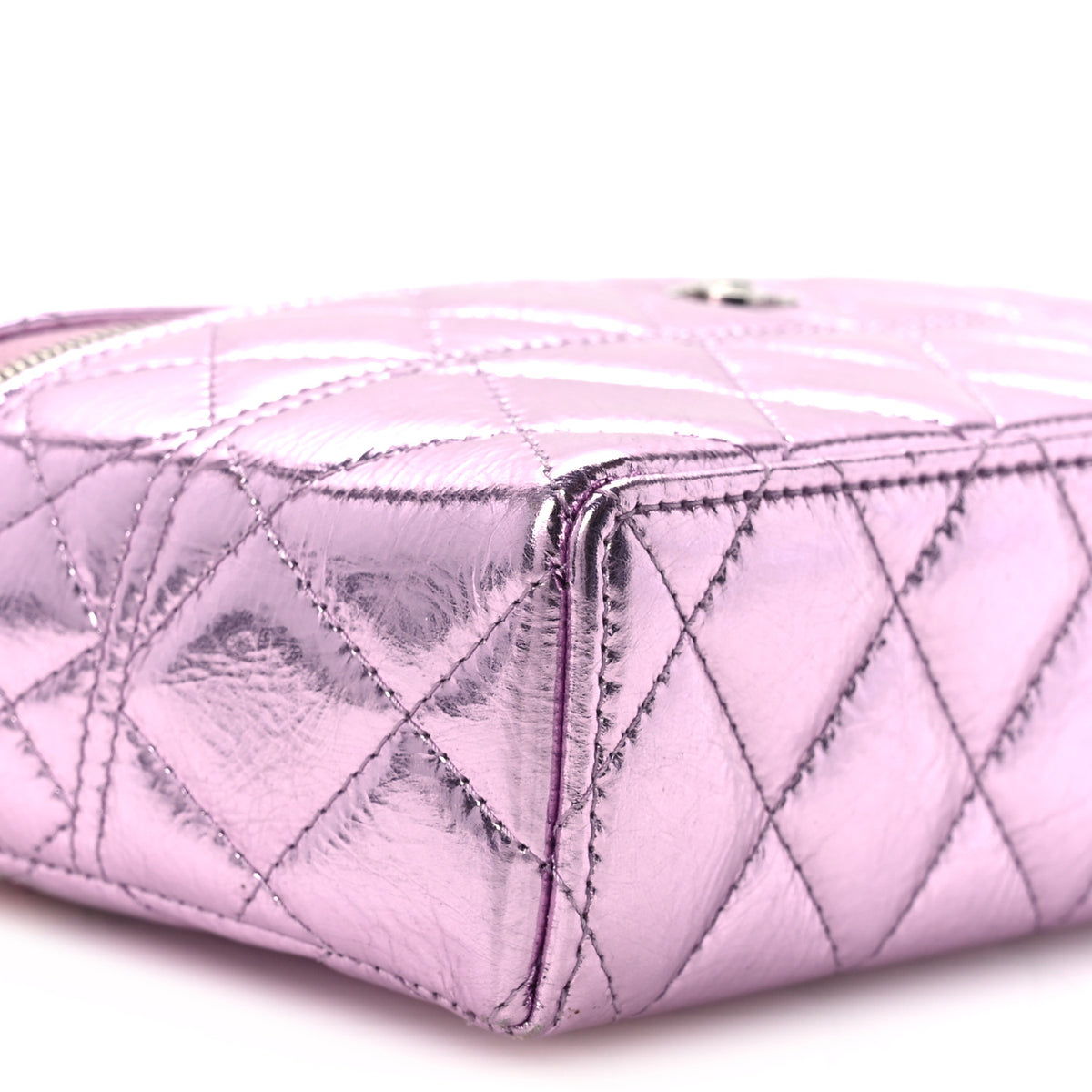 Metallic Calfskin Quilted Slim Vanity With Chain Pink