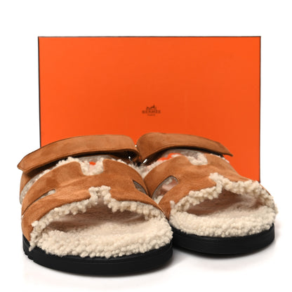 Hermes Suede Goatskin Woolskin Womens Chypre Sandals 39 Brun Fume Ecru 8 of 8