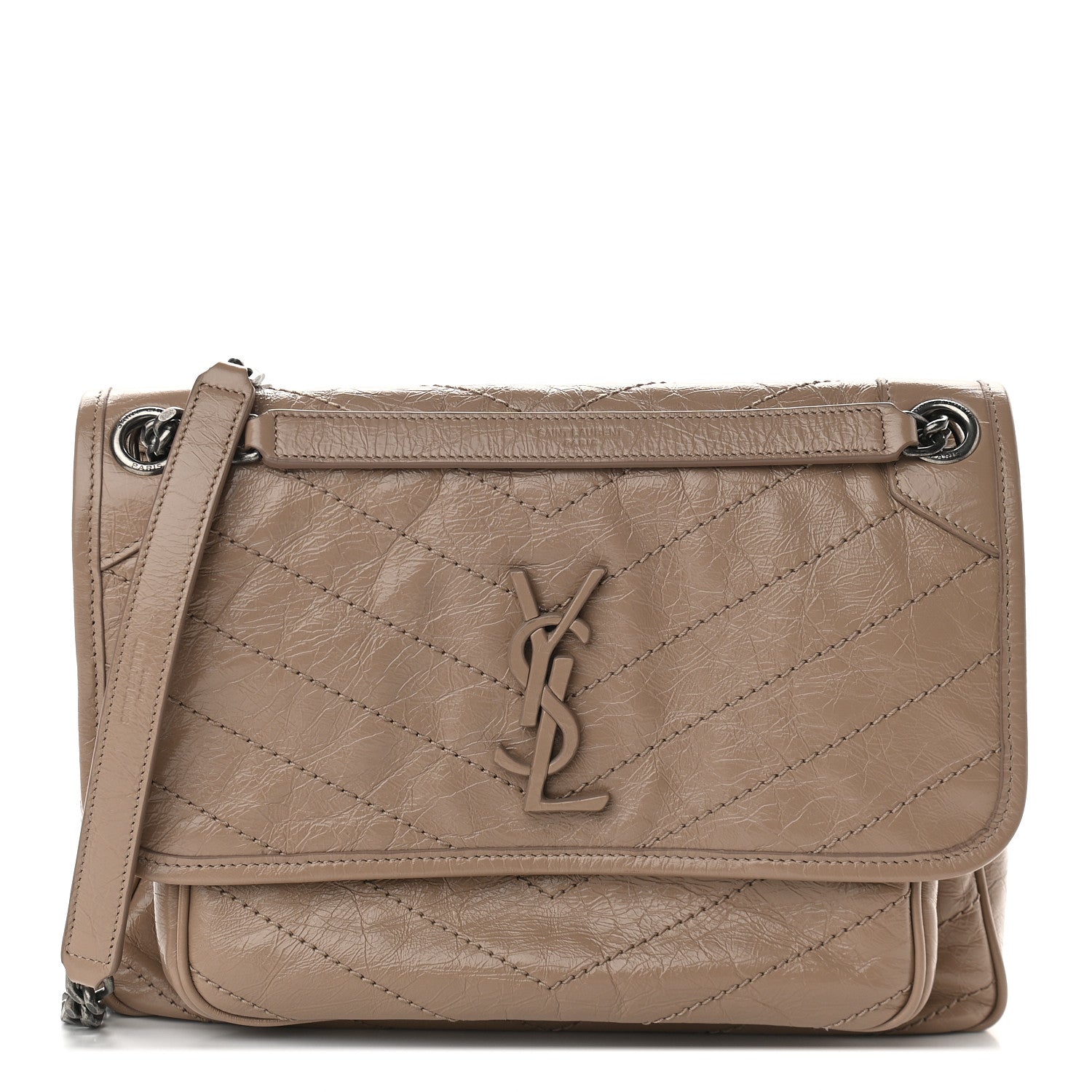 Saint Laurent Crinkled Calfskin Matelasse Monogram Medium Niki Chain Satchel Natural Tan 1 of 9