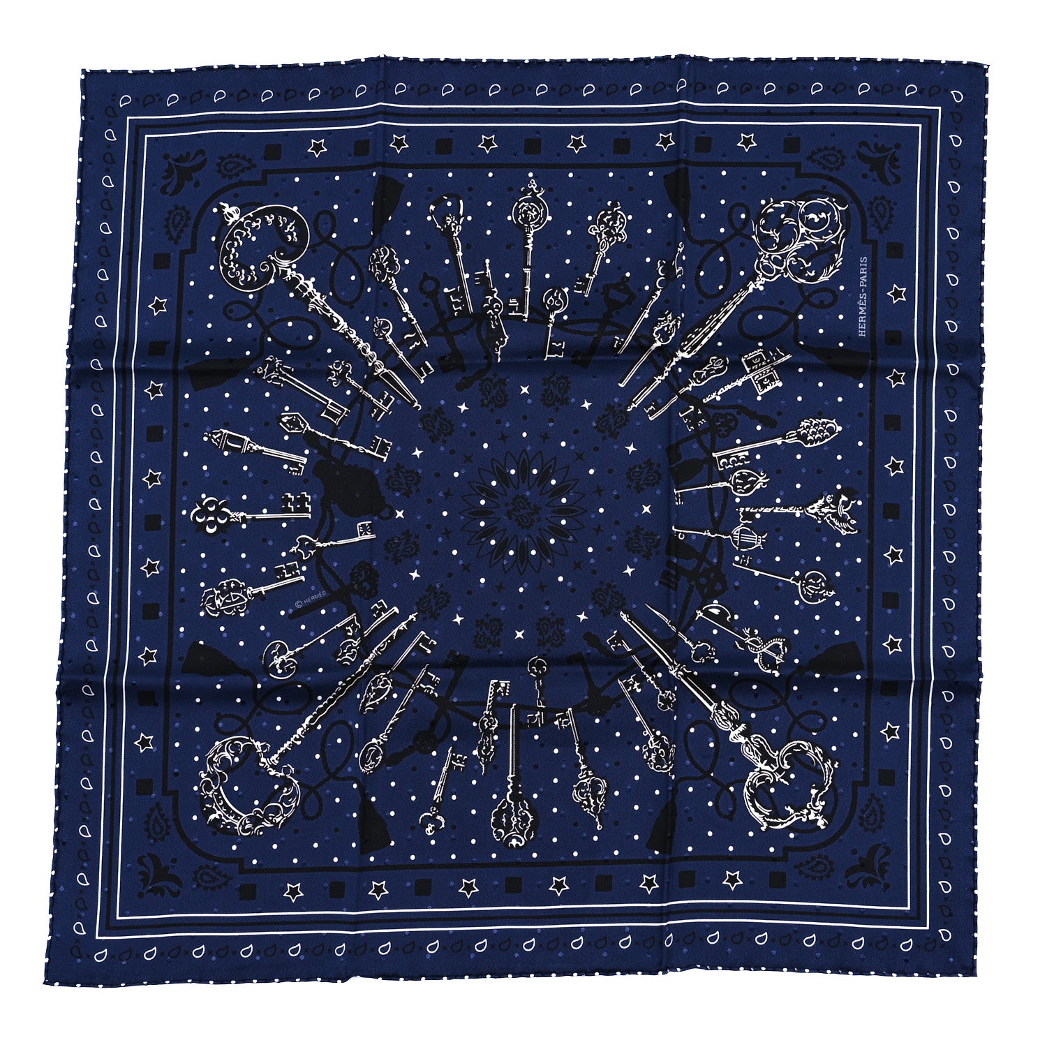 Hermes Silk Les Cles Bandana Scarf 55 Marine Black White 1 of 4