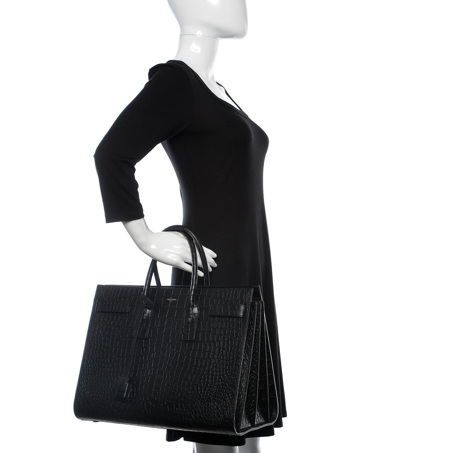 Calfskin Crocodile Embossed Large Sac De Jour Carryall Black