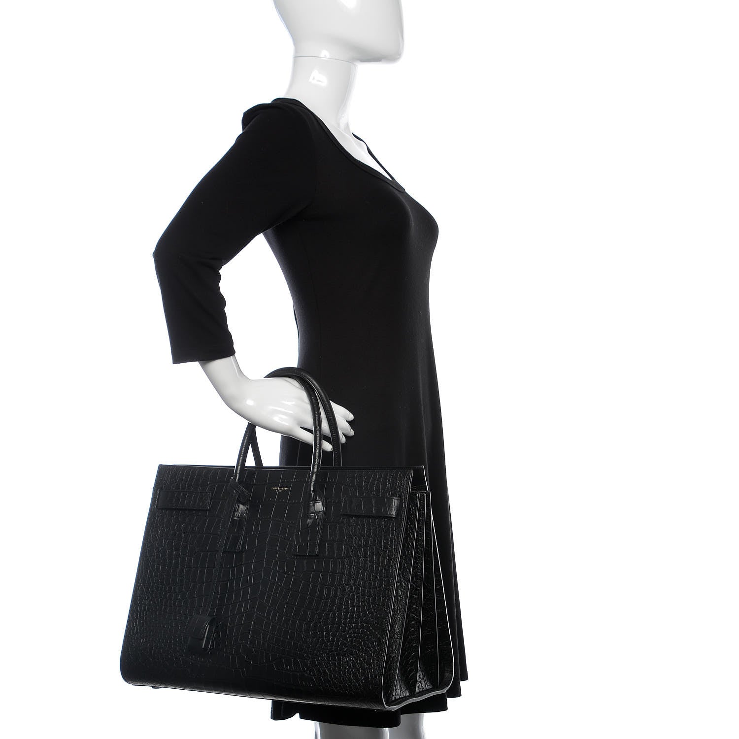 Saint Laurent Calfskin Crocodile Embossed Large Sac De Jour Carryall Black 3 of 10