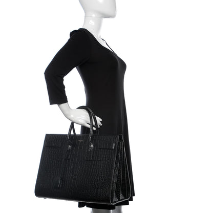 Saint Laurent Calfskin Crocodile Embossed Large Sac De Jour Carryall Black 3 of 10
