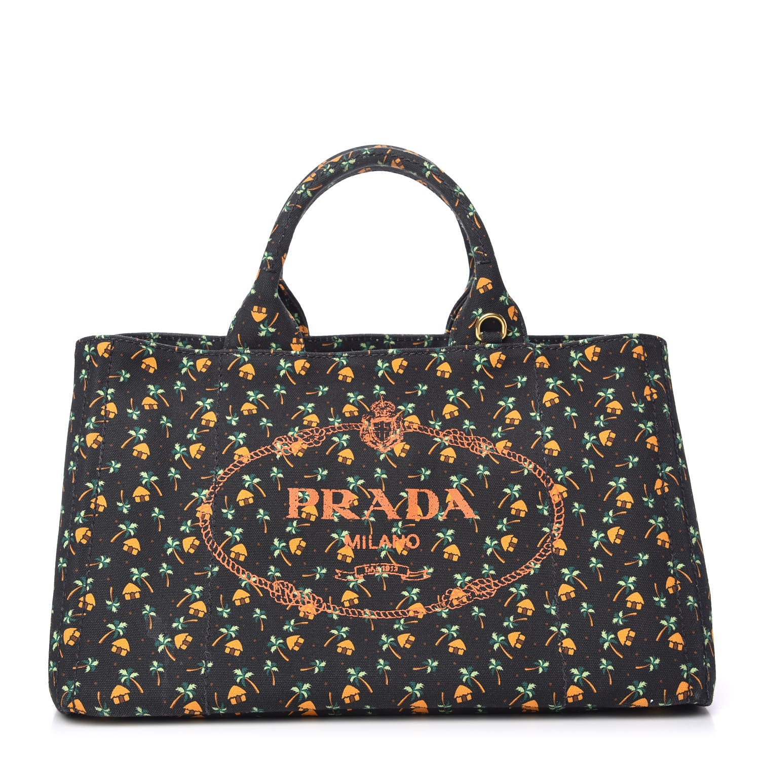 Prada Canapa Palm Tree Print Logo Tote Black 1 of 9