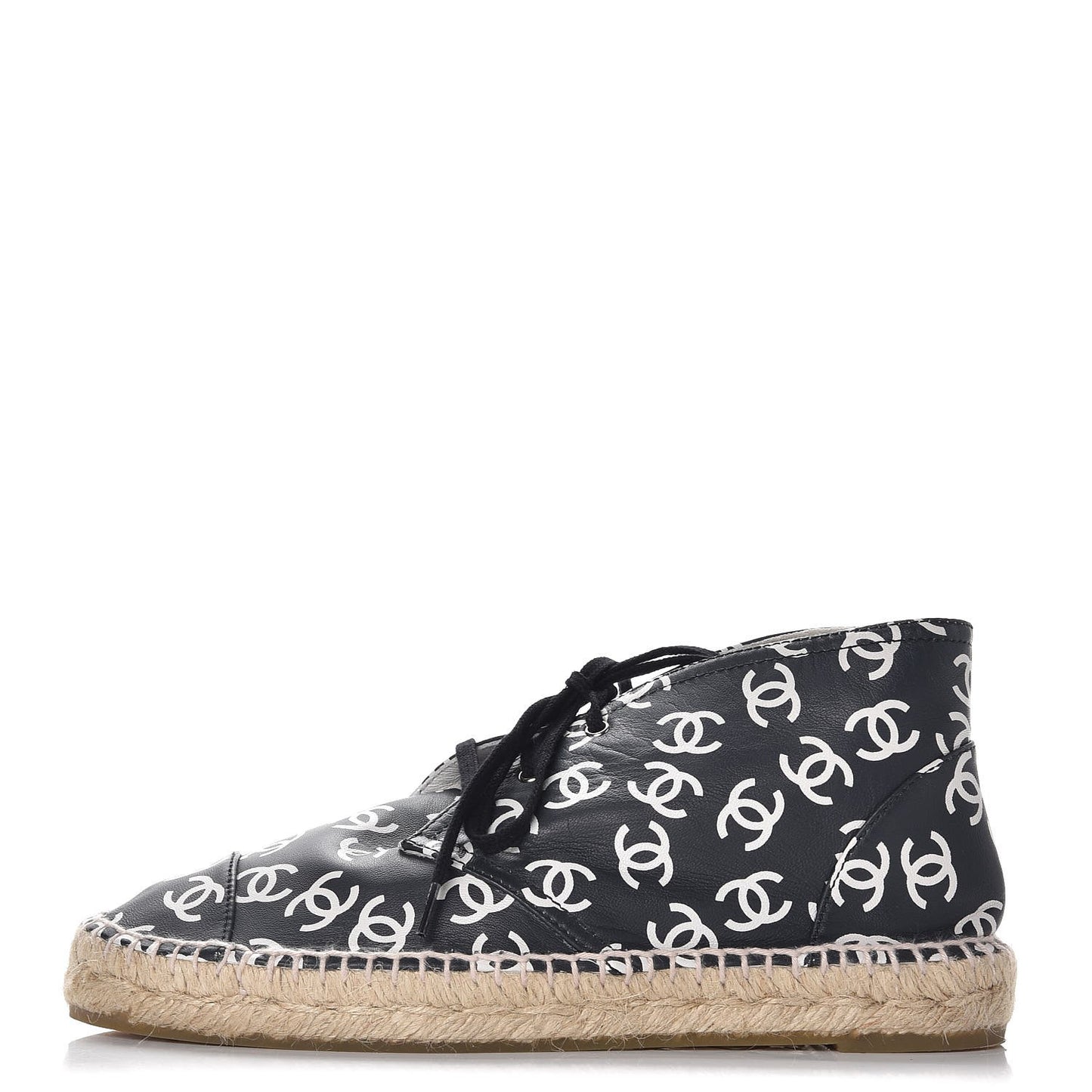 Lambskin Printed CC Lace Up Espadrilles 38 Black White
