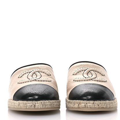 Chanel Crumpled Goatskin CC Espadrille Mules 39 Beige Black 3 of 10