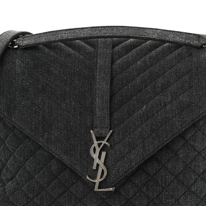 Saint Laurent Denim Mixed Matelasse Triquilt Large Monogram Envelope Satchel Black 7 of 10
